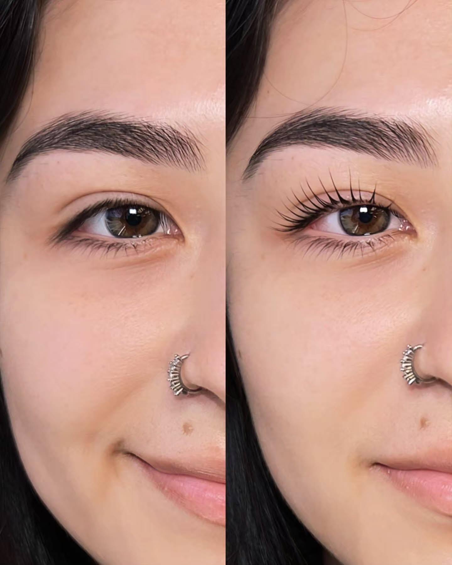 One face, before and after the lash lift: lashes flat on the left, lifted and set on the right